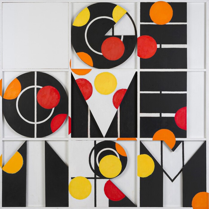 Tilson, Geometry? 3, 1964, oil and acrylic on wood relief, 74 x 74 in., 188 x 188 cm