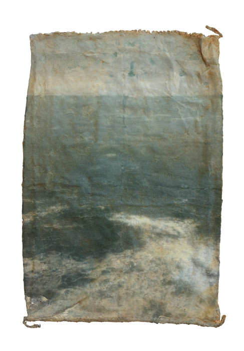 Hughie O'Donoghue, Cargo II, 2021, mixed media on prepared sackcloth, 108 x 73 cm.