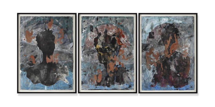 Deanio X, Fruit Bowl (triptych), 2023, acrylic, chalk, charcoal, graphite, ink and water on paper, 83 x 59cm, 32 5-8 x 23 1-4in