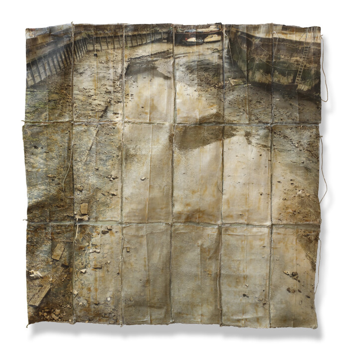 Hughie O'Donoghue, Creek, 2021, mixed media on prepared sandbags, 190 x 190 x 20 cm.
