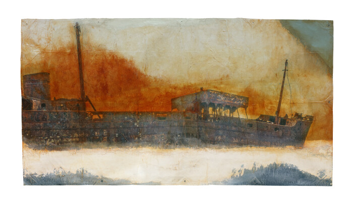 Hughie O'Donoghue, Adrift I, 2021, mixed media on prepared tarpaulin,, 125 x 232 cm.