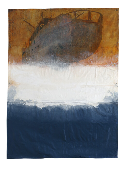 Hughie O'Donoghue, Wake I, 2021, mixed media on prepared tarpaulin, 243 x 179 cm.