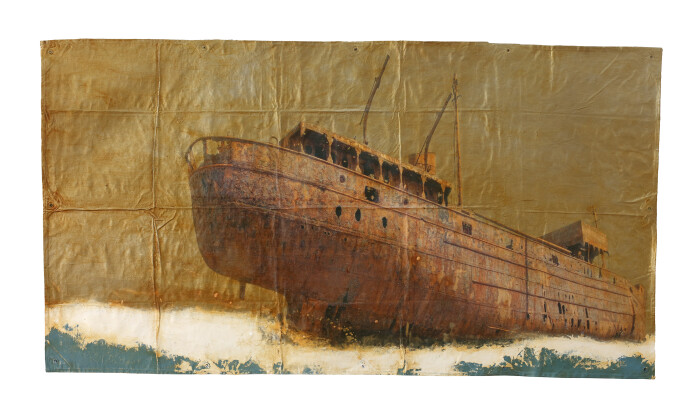 Hughie O'Donoghue, Wake II, mixed media on prepared tarpaulin,  123 x 230 cm.